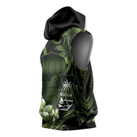 Green Hafa Adai Guam Sleeveless Hoodie Chamorro Latte Stone Hand With Plumeria - Polynesian Pride