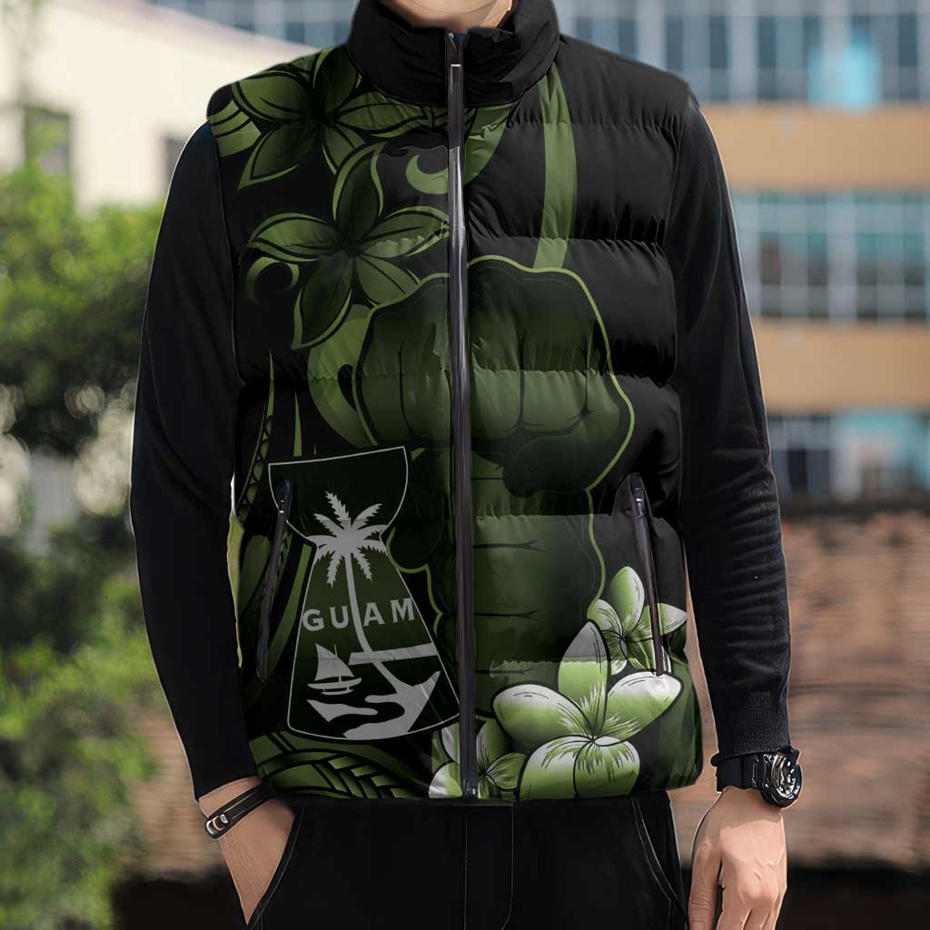 Green Hafa Adai Guam Sleeveless Puffer Jacket Chamorro Latte Stone Hand With Plumeria - Polynesian Pride