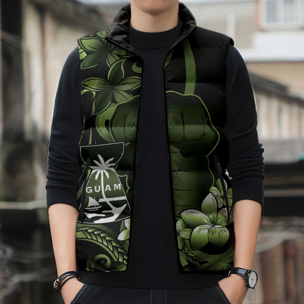 Green Hafa Adai Guam Sleeveless Puffer Jacket Chamorro Latte Stone Hand With Plumeria - Polynesian Pride