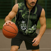 Green Hafa Adai Guam Sleeveless Zip Hoodie Chamorro Latte Stone Hand With Plumeria - Polynesian Pride