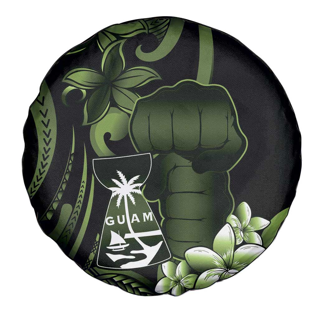 Green Hafa Adai Guam Spare Tire Cover Chamorro Latte Stone Hand With Plumeria