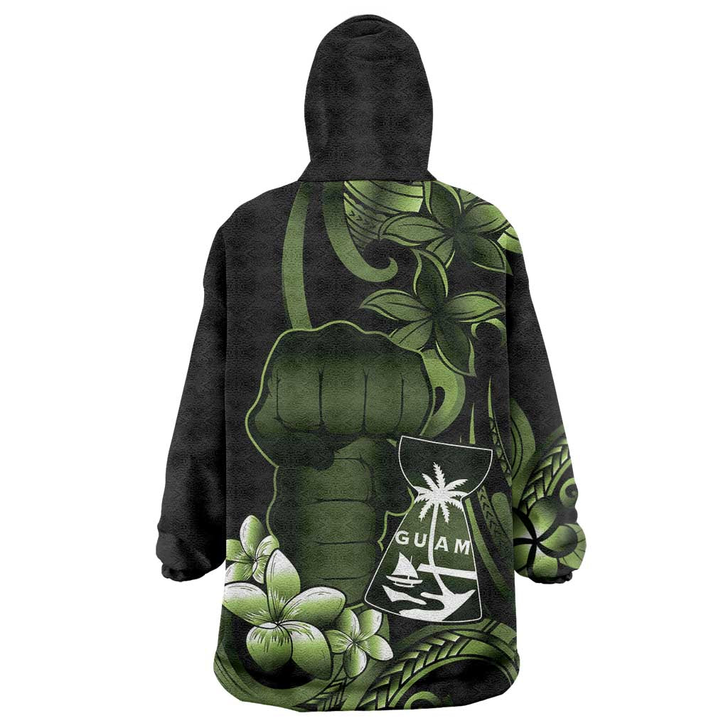 Green Hafa Adai Guam Wearable Blanket Hoodie Chamorro Latte Stone Hand With Plumeria
