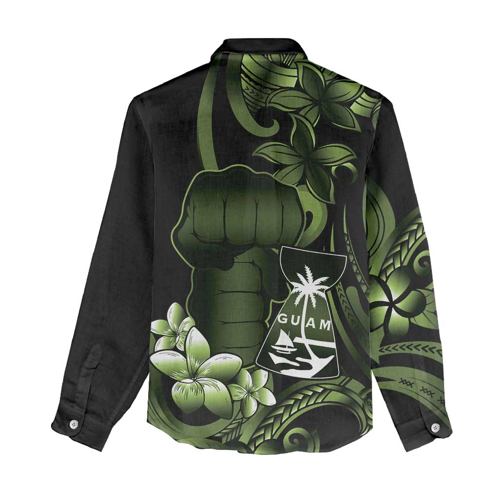 Green Hafa Adai Guam Women Casual Shirt Chamorro Latte Stone Hand With Plumeria