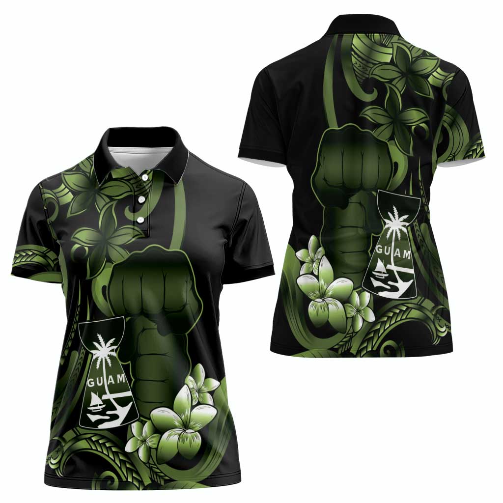 Green Hafa Adai Guam Women Polo Shirt Chamorro Latte Stone Hand With Plumeria
