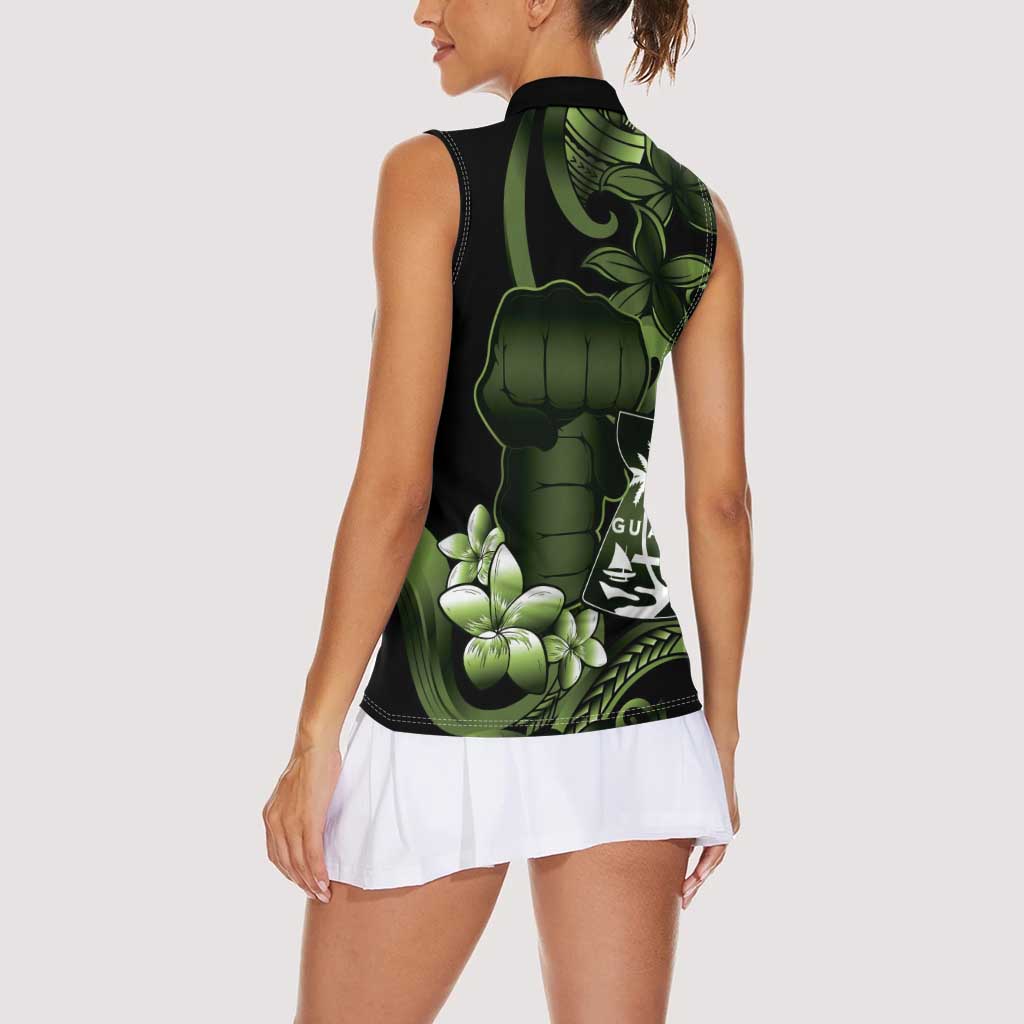 Green Hafa Adai Guam Women Sleeveless Polo Shirt Chamorro Latte Stone Hand With Plumeria