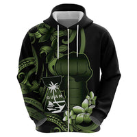 Green Hafa Adai Guam Zip Hoodie Chamorro Latte Stone Hand With Plumeria