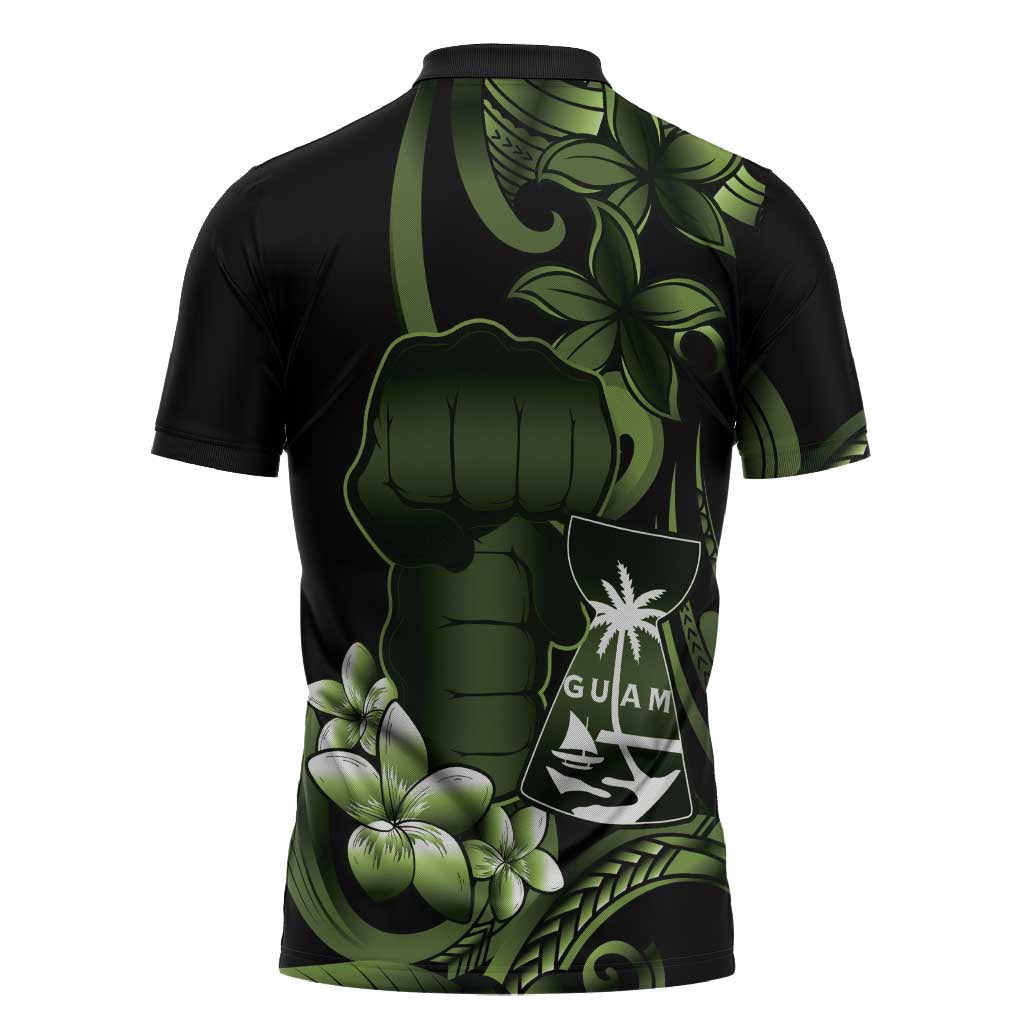 Green Hafa Adai Guam Zipper Polo Shirt Chamorro Latte Stone Hand With Plumeria - Polynesian Pride