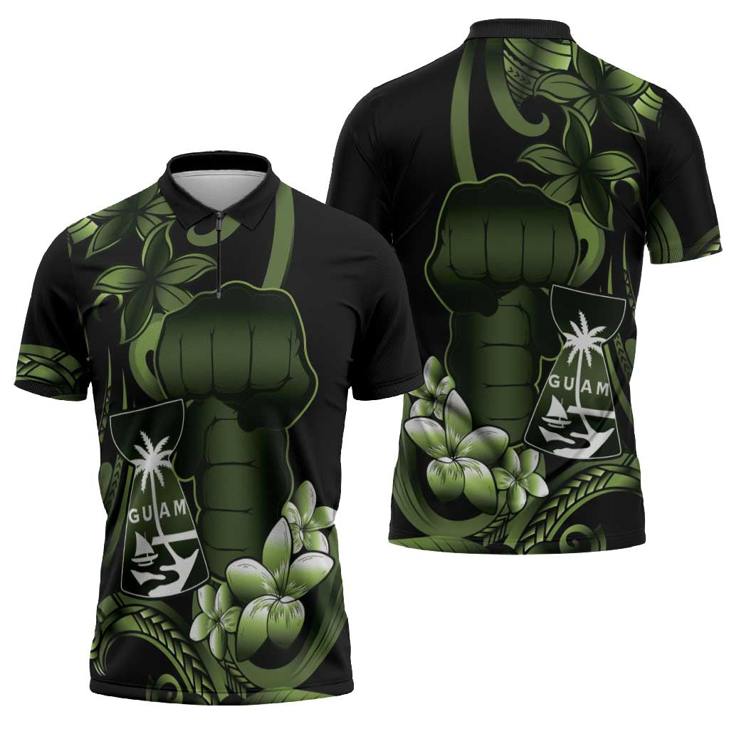 Green Hafa Adai Guam Zipper Polo Shirt Chamorro Latte Stone Hand With Plumeria - Polynesian Pride