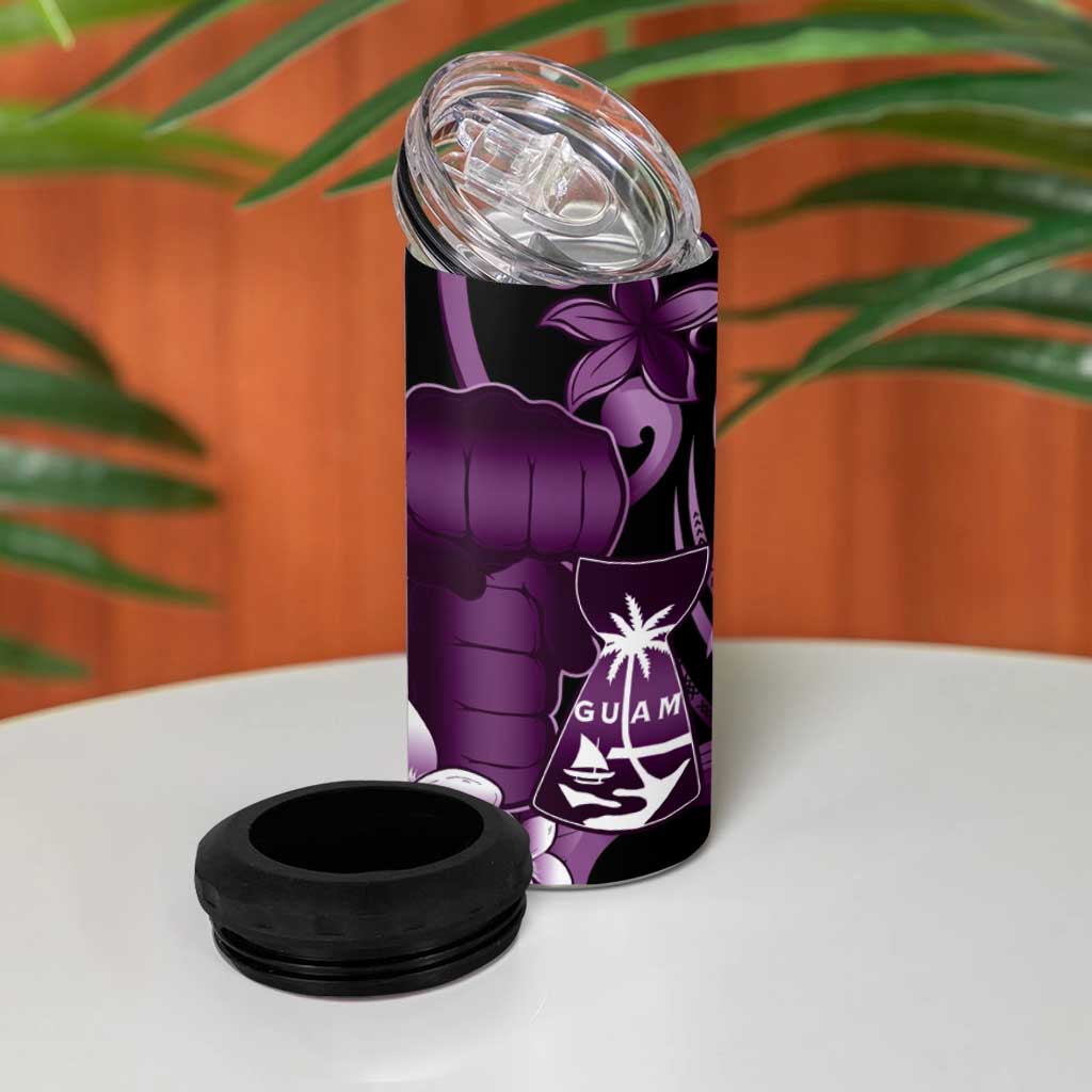 Purple Hafa Adai Guam 4 in 1 Can Cooler Tumbler Chamorro Latte Stone Hand With Plumeria