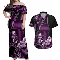 Purple Hafa Adai Guam Couples Matching Off Shoulder Maxi Dress and Hawaiian Shirt Chamorro Latte Stone Hand With Plumeria