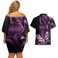 Purple Hafa Adai Guam Couples Matching Off Shoulder Short Dress and Hawaiian Shirt Chamorro Latte Stone Hand With Plumeria