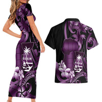 Purple Hafa Adai Guam Couples Matching Short Sleeve Bodycon Dress and Hawaiian Shirt Chamorro Latte Stone Hand With Plumeria