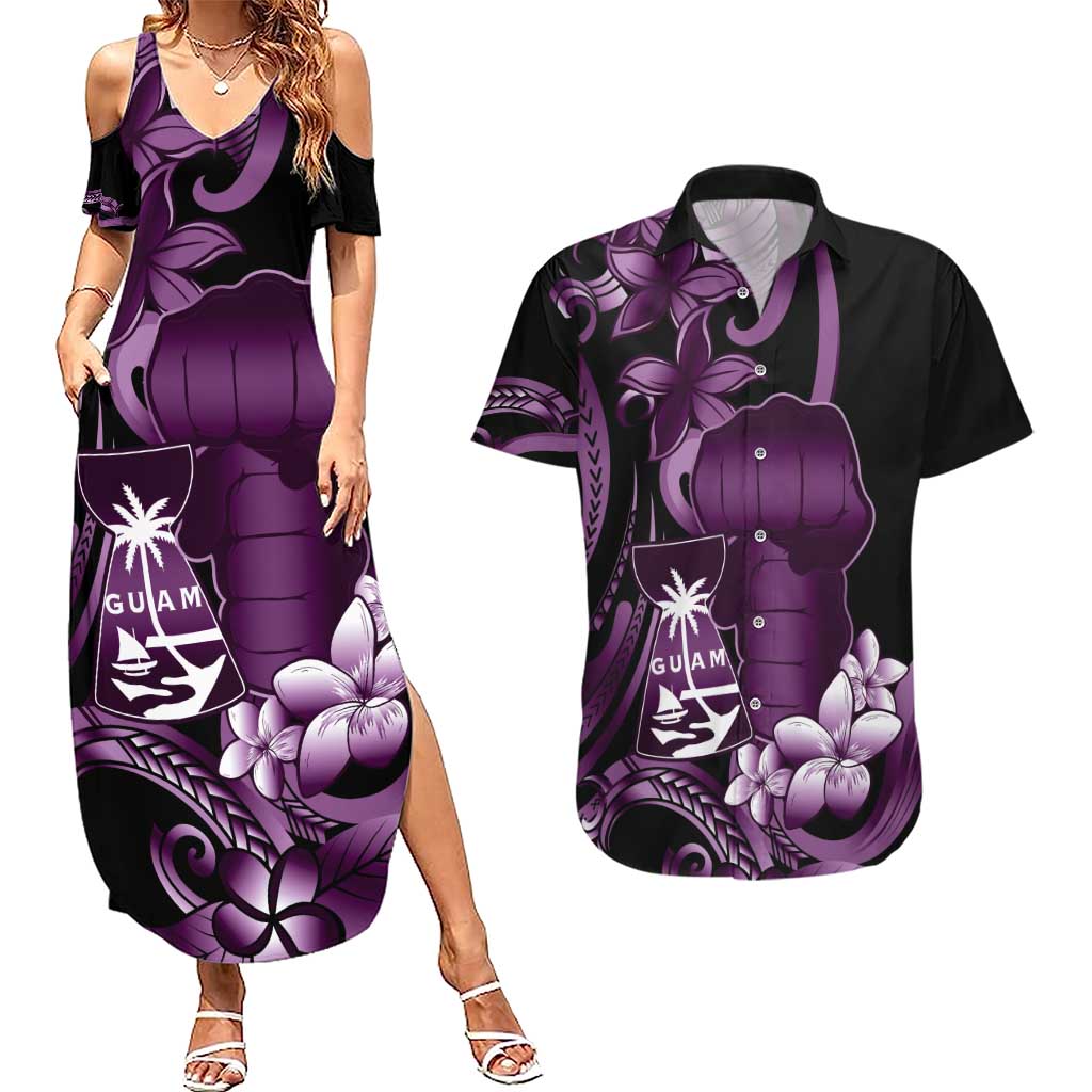 Purple Hafa Adai Guam Couples Matching Summer Maxi Dress and Hawaiian Shirt Chamorro Latte Stone Hand With Plumeria