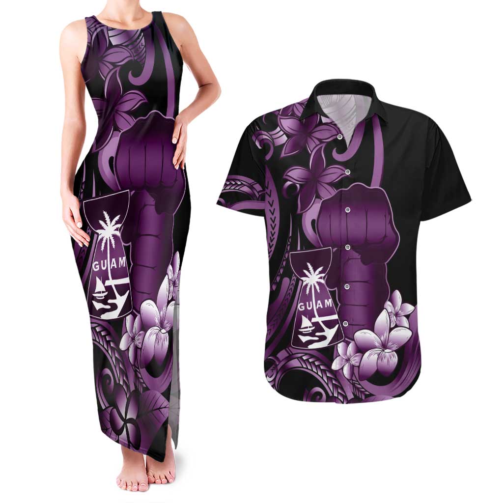Purple Hafa Adai Guam Couples Matching Tank Maxi Dress and Hawaiian Shirt Chamorro Latte Stone Hand With Plumeria
