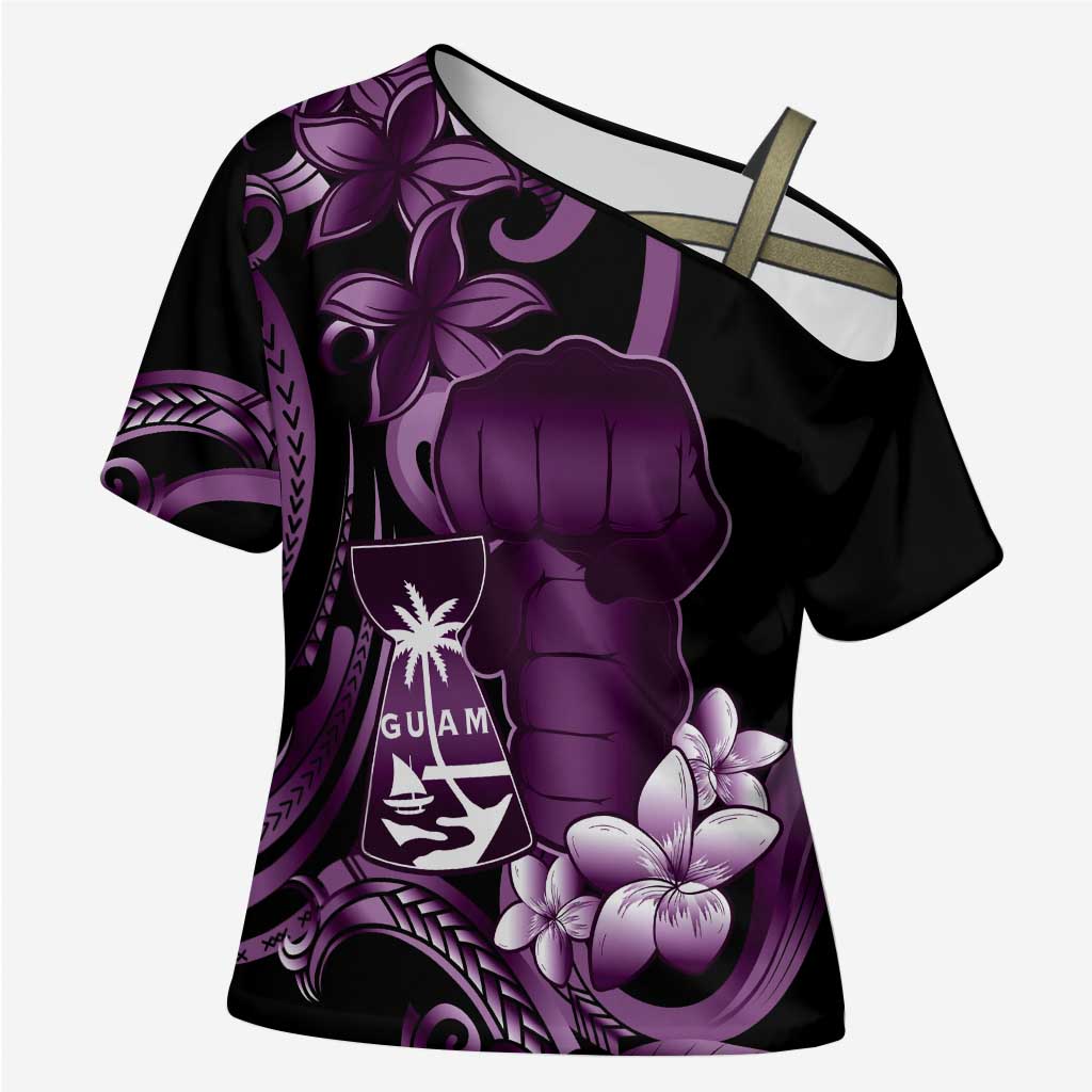 Purple Hafa Adai Guam Cross Shoulder Shirt Chamorro Latte Stone Hand With Plumeria - Polynesian Pride
