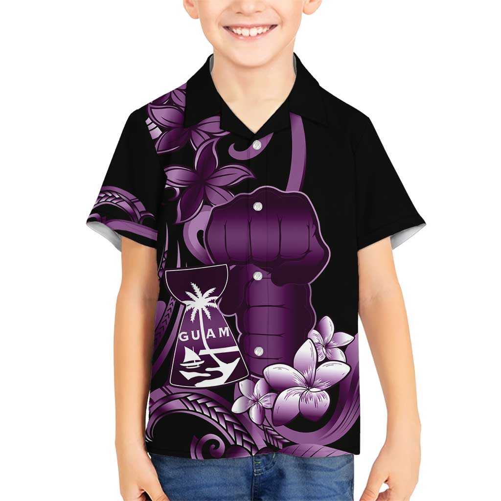 Purple Hafa Adai Guam Family Matching Off Shoulder Short Dress and Hawaiian Shirt Chamorro Latte Stone Hand With Plumeria