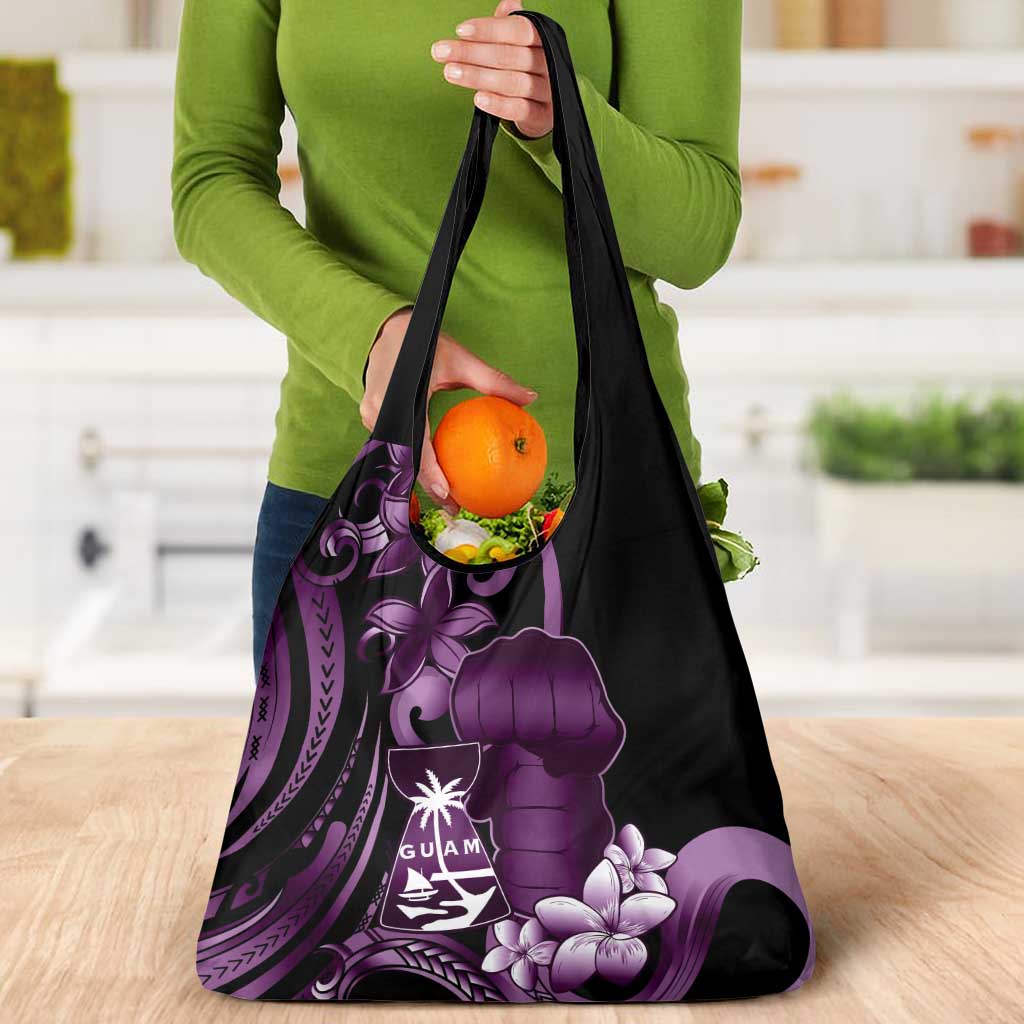 Purple Hafa Adai Guam Grocery Bag Chamorro Latte Stone Hand With Plumeria LT14 - Polynesian Pride