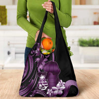 Purple Hafa Adai Guam Grocery Bag Chamorro Latte Stone Hand With Plumeria LT14 - Polynesian Pride
