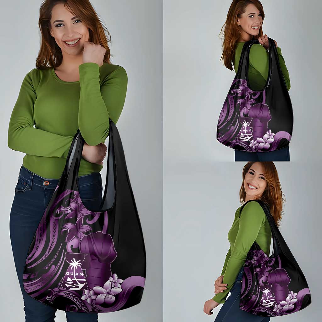 Purple Hafa Adai Guam Grocery Bag Chamorro Latte Stone Hand With Plumeria LT14 - Polynesian Pride
