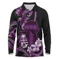 Purple Hafa Adai Guam Long Sleeve Polo Shirt Chamorro Latte Stone Hand With Plumeria