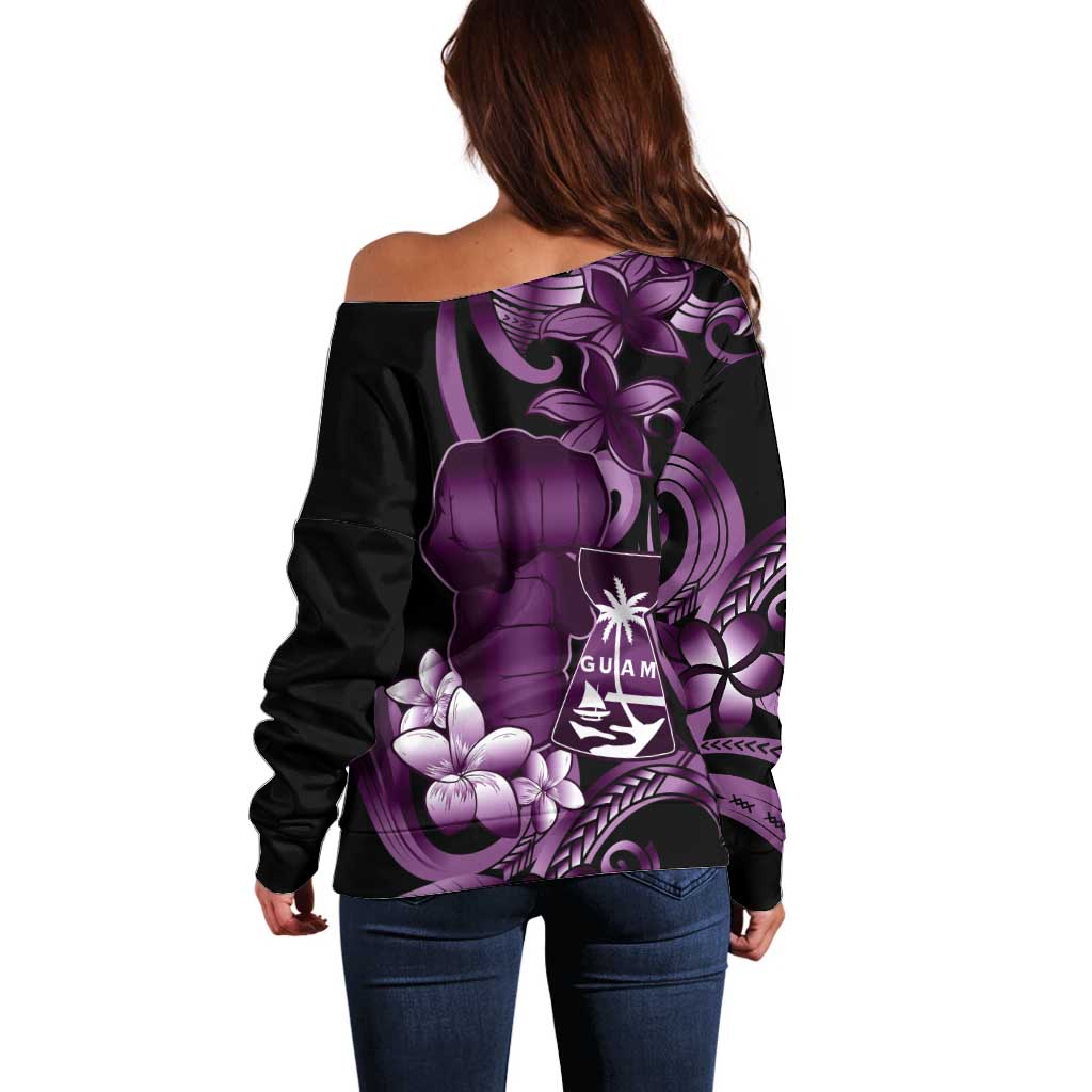 Purple Hafa Adai Guam Off Shoulder Sweater Chamorro Latte Stone Hand With Plumeria