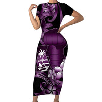 Purple Hafa Adai Guam Short Sleeve Bodycon Dress Chamorro Latte Stone Hand With Plumeria