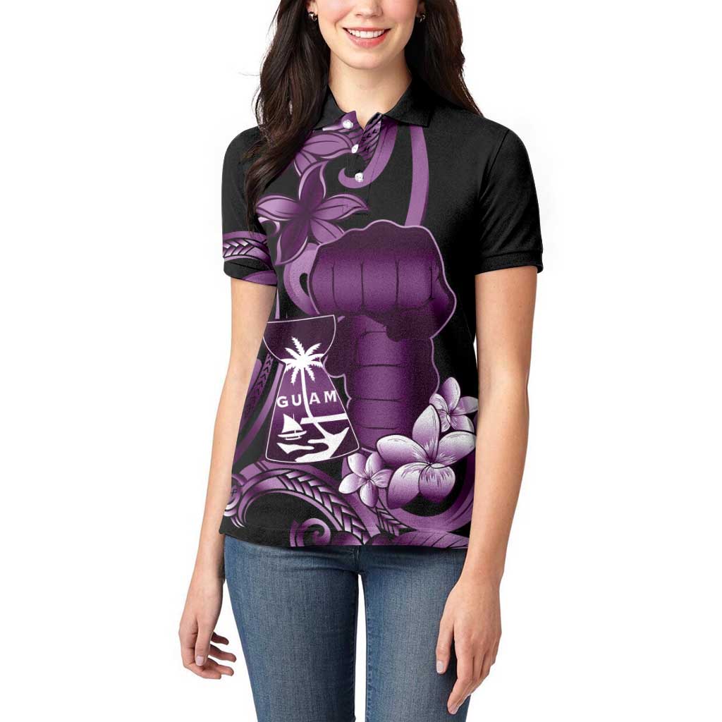 Purple Hafa Adai Guam Women Polo Shirt Chamorro Latte Stone Hand With Plumeria
