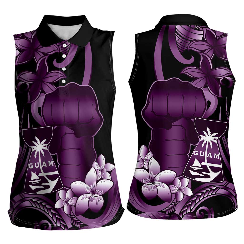 Purple Hafa Adai Guam Women Sleeveless Polo Shirt Chamorro Latte Stone Hand With Plumeria