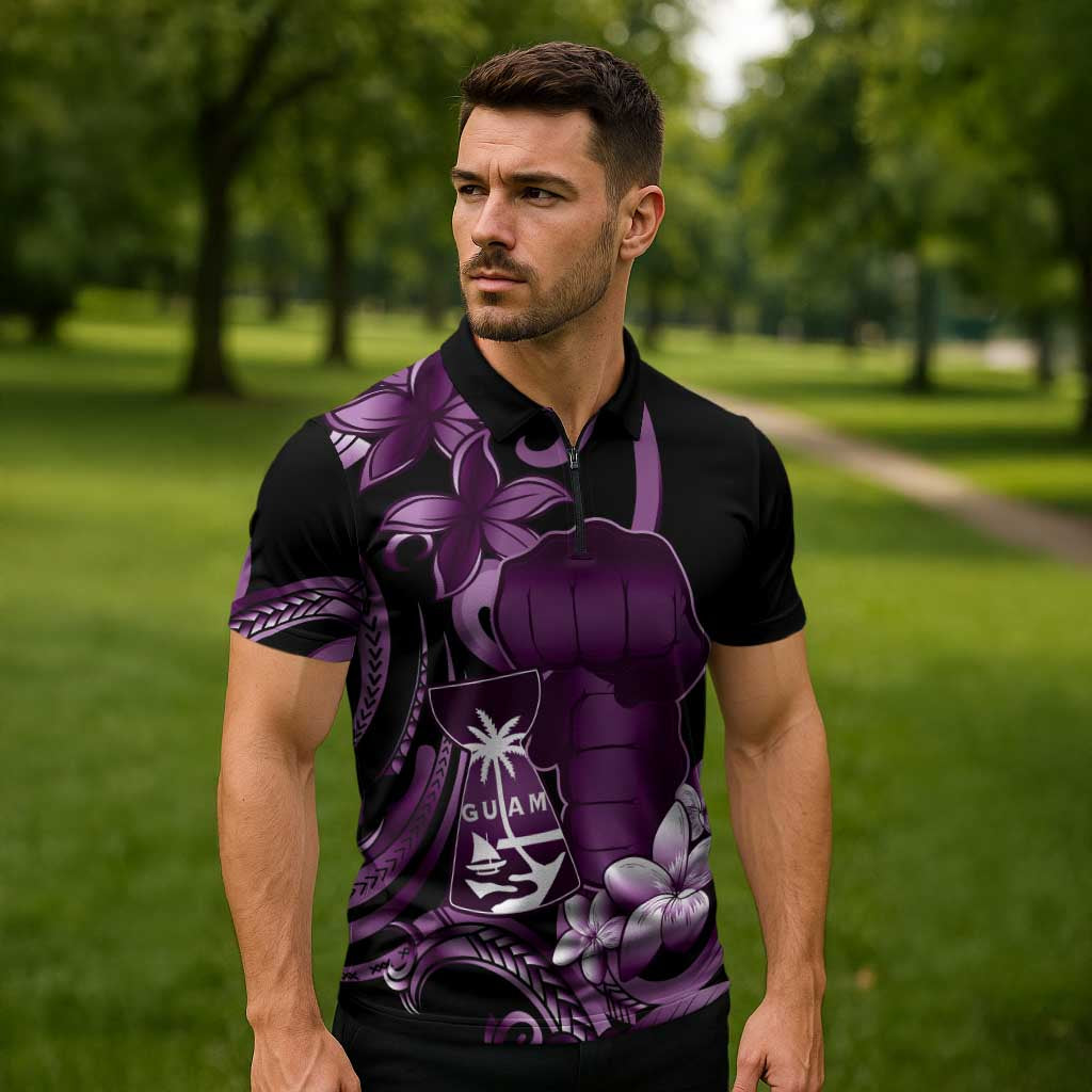 Purple Hafa Adai Guam Zipper Polo Shirt Chamorro Latte Stone Hand With Plumeria - Polynesian Pride
