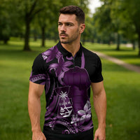Purple Hafa Adai Guam Zipper Polo Shirt Chamorro Latte Stone Hand With Plumeria - Polynesian Pride