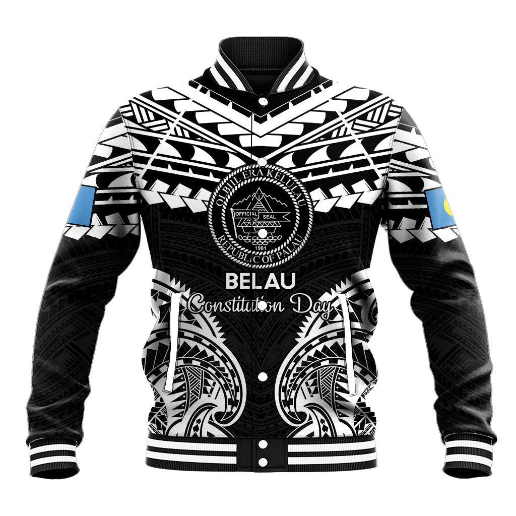 Palau Constitution Day Baseball Jacket Belau Seal With Polynesian Pattern - Black