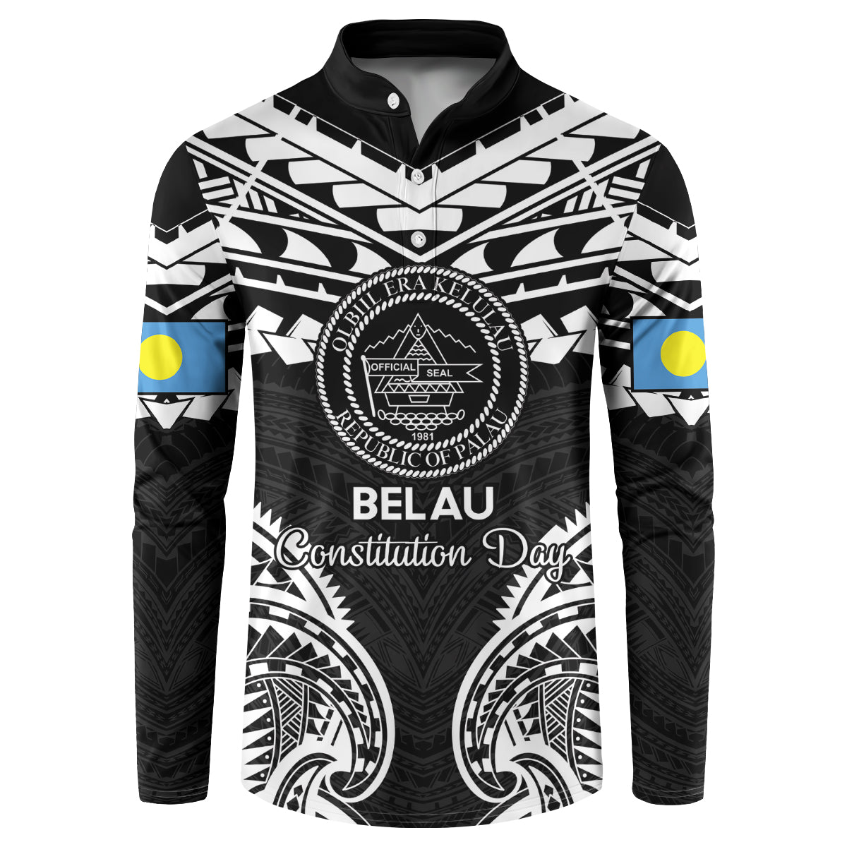 Palau Constitution Day Button Sweatshirt Belau Seal With Polynesian Pattern - Black