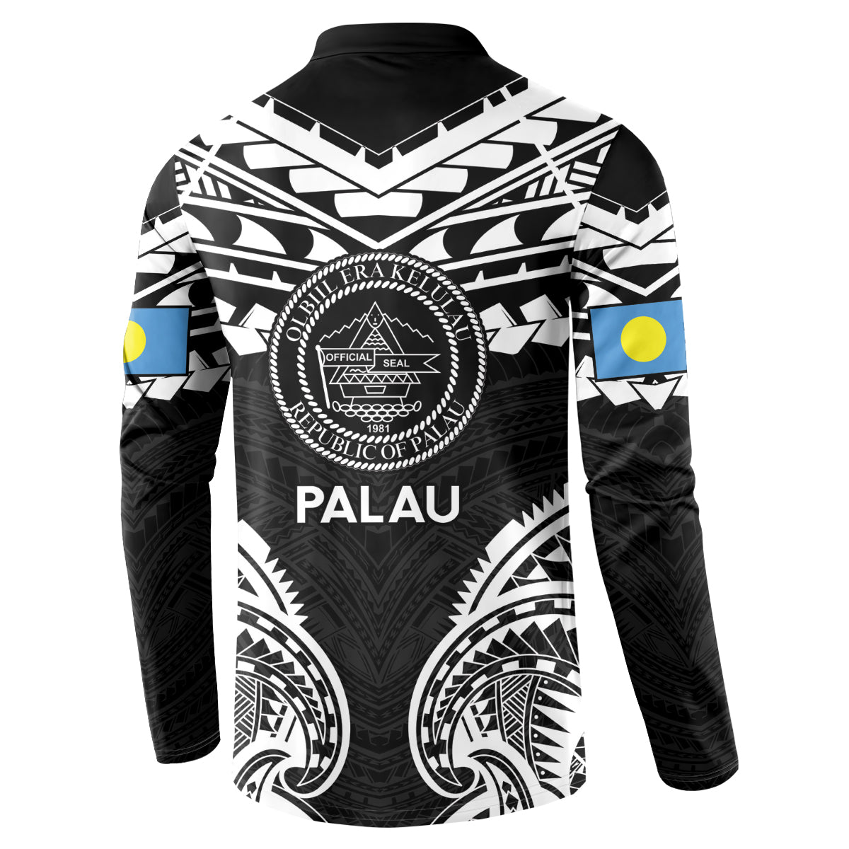 Palau Constitution Day Button Sweatshirt Belau Seal With Polynesian Pattern - Black