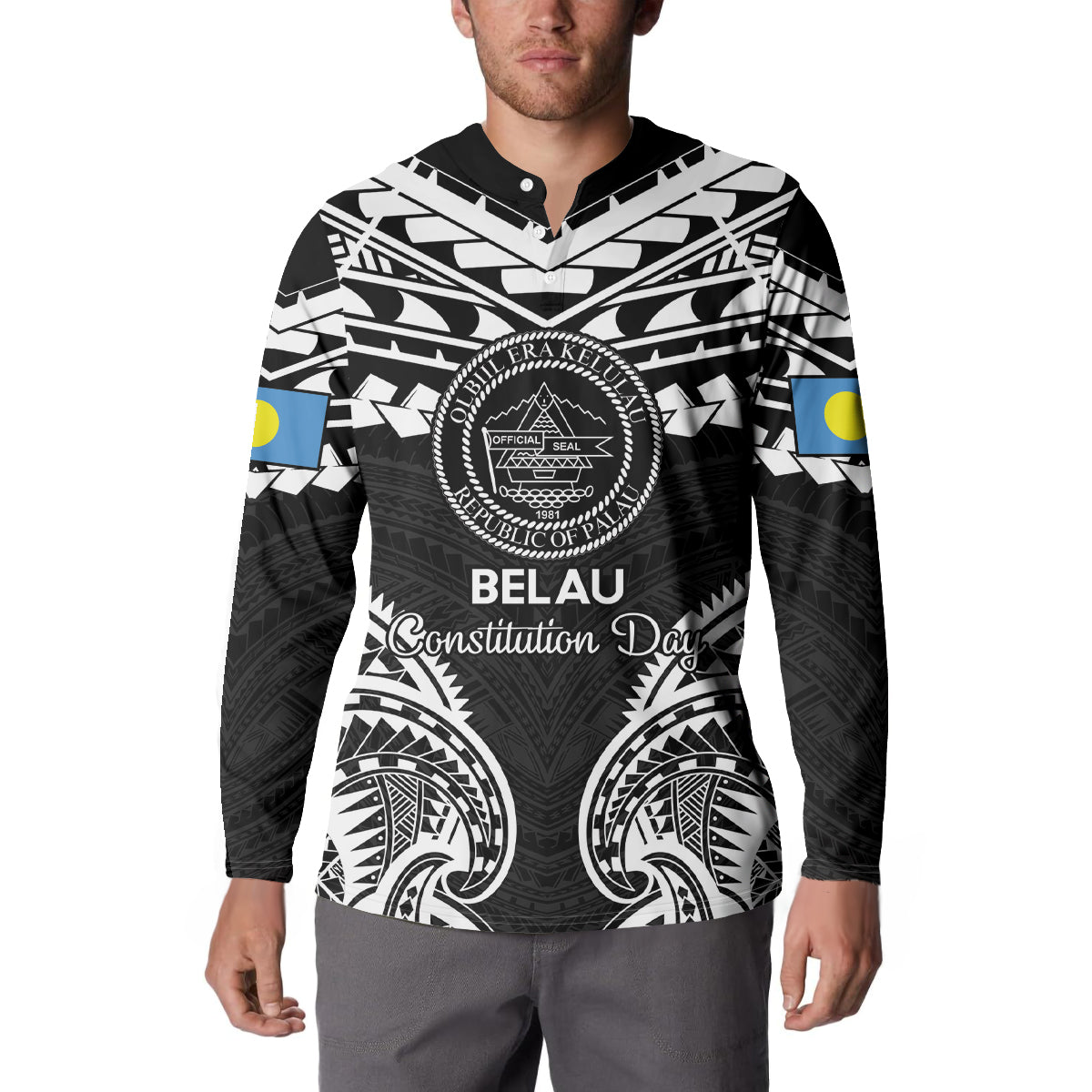 Palau Constitution Day Button Sweatshirt Belau Seal With Polynesian Pattern - Black