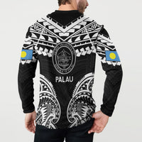 Palau Constitution Day Button Sweatshirt Belau Seal With Polynesian Pattern - Black