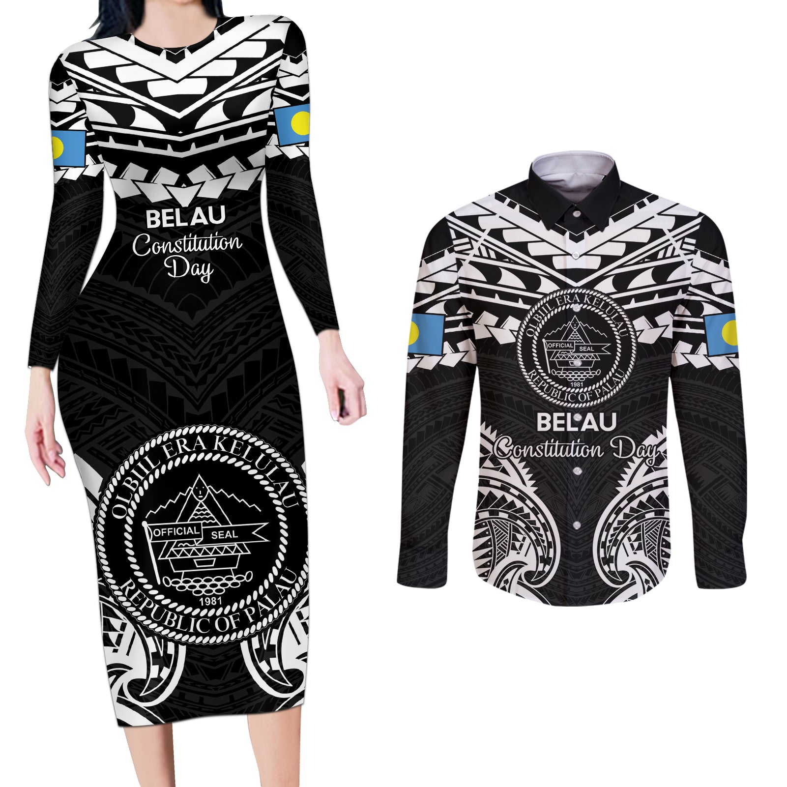 Palau Constitution Day Couples Matching Long Sleeve Bodycon Dress and Long Sleeve Button Shirt Belau Seal With Polynesian Pattern - Black