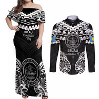 Palau Constitution Day Couples Matching Off Shoulder Maxi Dress and Long Sleeve Button Shirt Belau Seal With Polynesian Pattern - Black