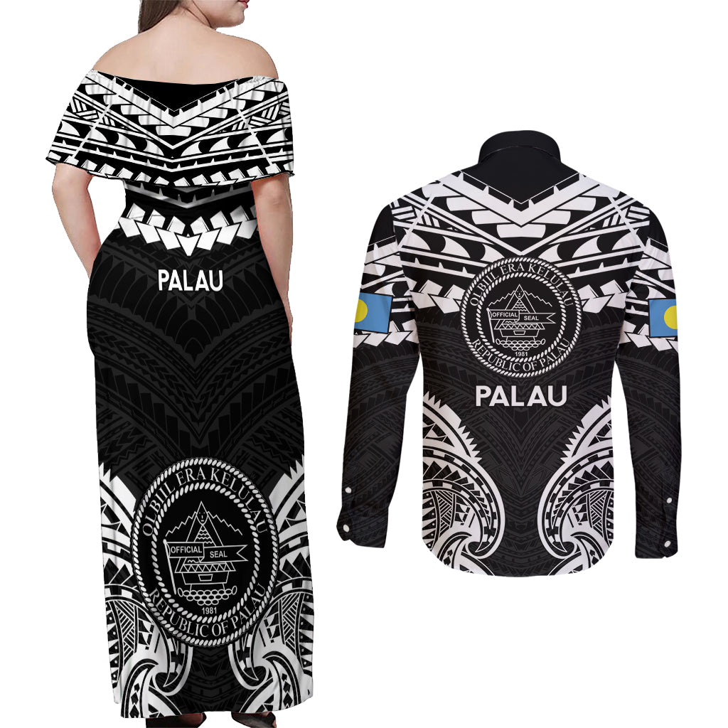 Palau Constitution Day Couples Matching Off Shoulder Maxi Dress and Long Sleeve Button Shirt Belau Seal With Polynesian Pattern - Black