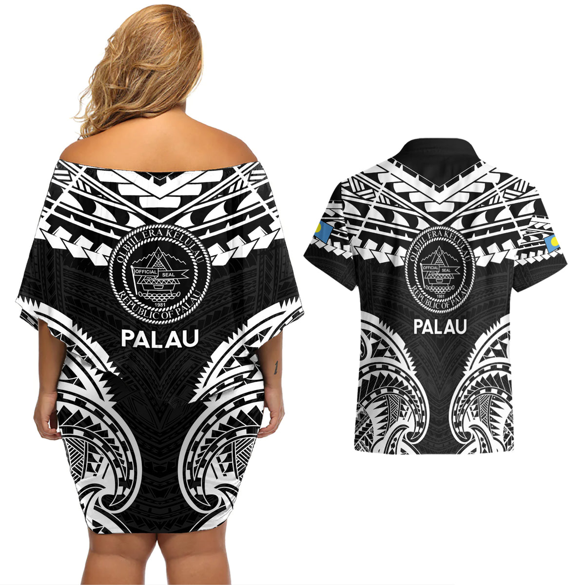 Palau Constitution Day Couples Matching Off Shoulder Short Dress and Hawaiian Shirt Belau Seal With Polynesian Pattern - Black