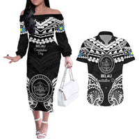 Palau Constitution Day Couples Matching Off The Shoulder Long Sleeve Dress and Hawaiian Shirt Belau Seal With Polynesian Pattern - Black