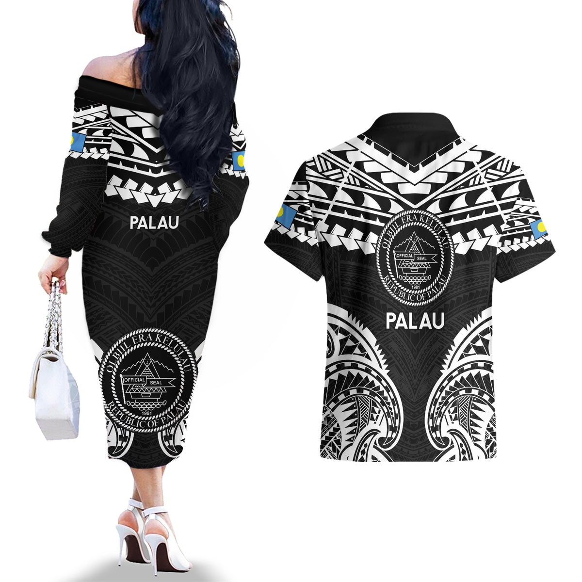 Palau Constitution Day Couples Matching Off The Shoulder Long Sleeve Dress and Hawaiian Shirt Belau Seal With Polynesian Pattern - Black