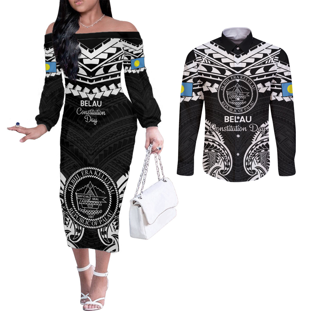 Palau Constitution Day Couples Matching Off The Shoulder Long Sleeve Dress and Long Sleeve Button Shirt Belau Seal With Polynesian Pattern - Black