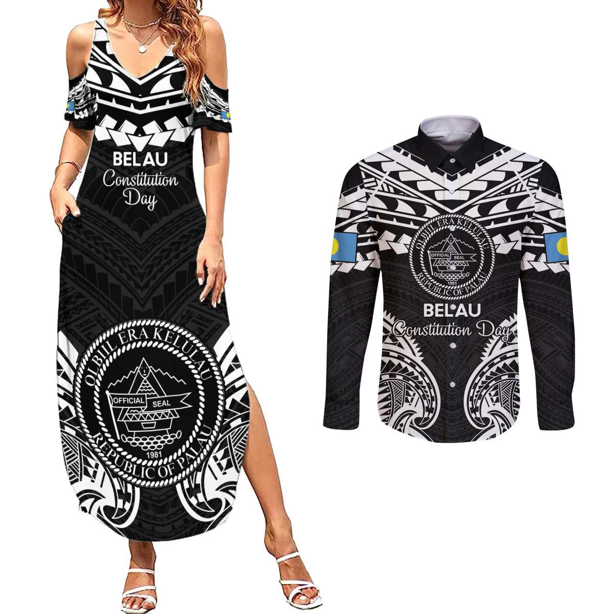 Palau Constitution Day Couples Matching Summer Maxi Dress and Long Sleeve Button Shirt Belau Seal With Polynesian Pattern - Black