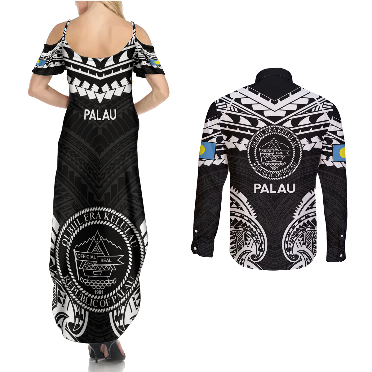 Palau Constitution Day Couples Matching Summer Maxi Dress and Long Sleeve Button Shirt Belau Seal With Polynesian Pattern - Black