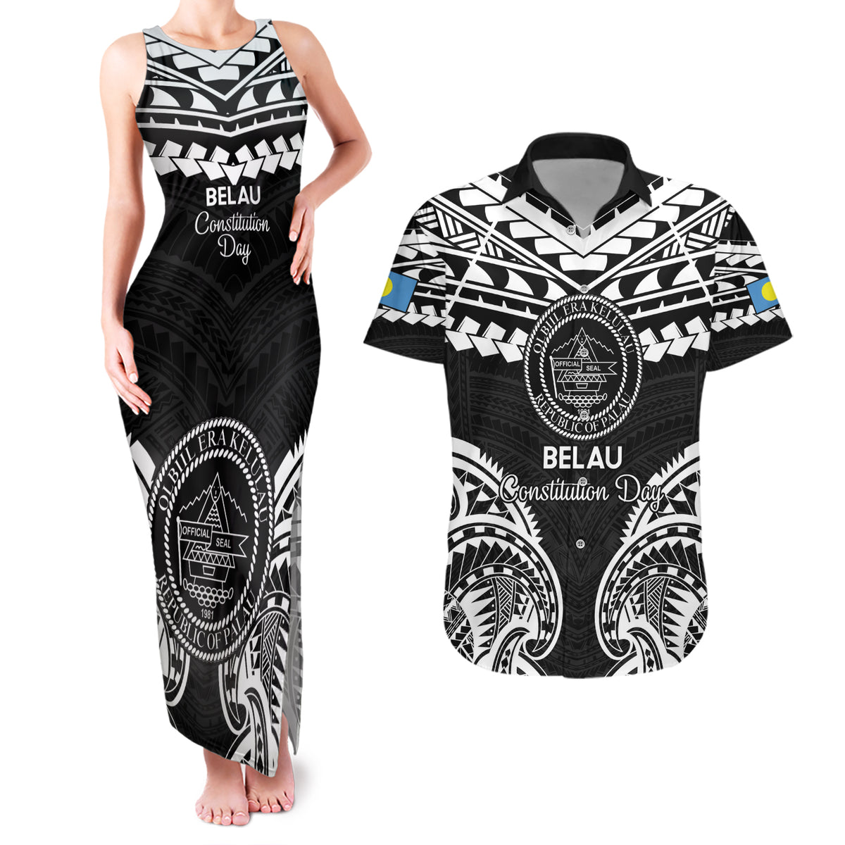 Palau Constitution Day Couples Matching Tank Maxi Dress and Hawaiian Shirt Belau Seal With Polynesian Pattern - Black