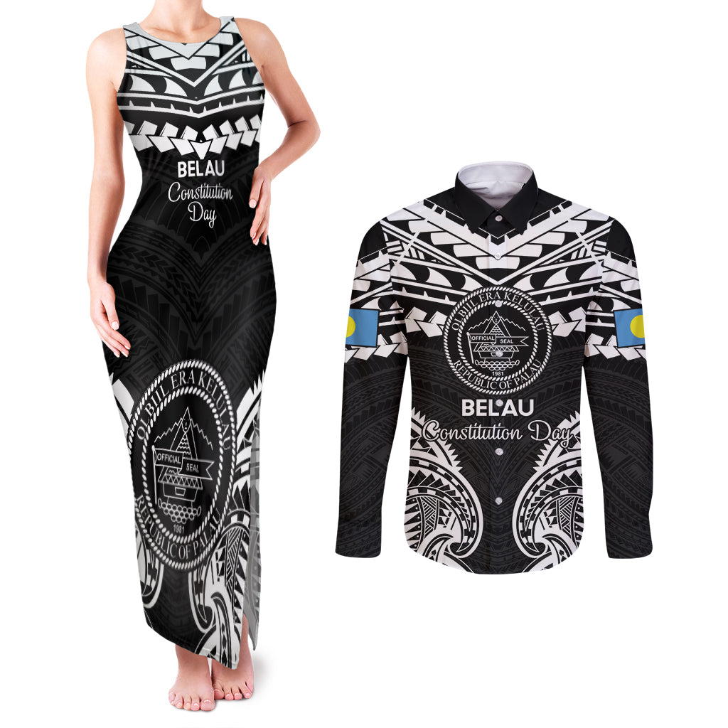 Palau Constitution Day Couples Matching Tank Maxi Dress and Long Sleeve Button Shirt Belau Seal With Polynesian Pattern - Black