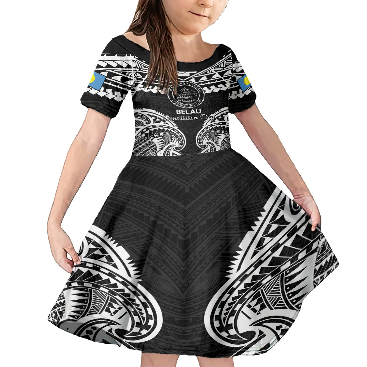 Palau Constitution Day Family Matching Mermaid Dress and Hawaiian Shirt Belau Seal With Polynesian Pattern - Black