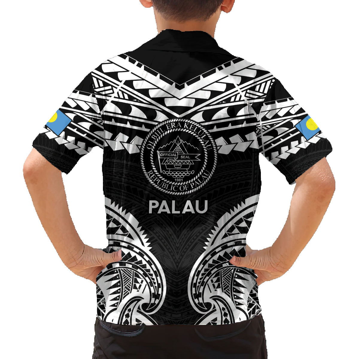 Palau Constitution Day Family Matching Off The Shoulder Long Sleeve Dress and Hawaiian Shirt Belau Seal With Polynesian Pattern - Black