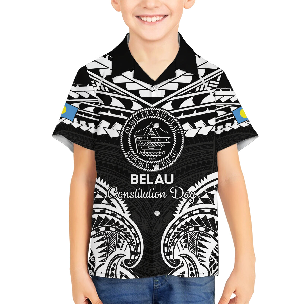 Palau Constitution Day Family Matching Off The Shoulder Long Sleeve Dress and Hawaiian Shirt Belau Seal With Polynesian Pattern - Black