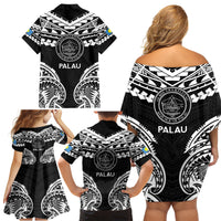 Palau Constitution Day Family Matching Off Shoulder Short Dress and Hawaiian Shirt Belau Seal With Polynesian Pattern - Black